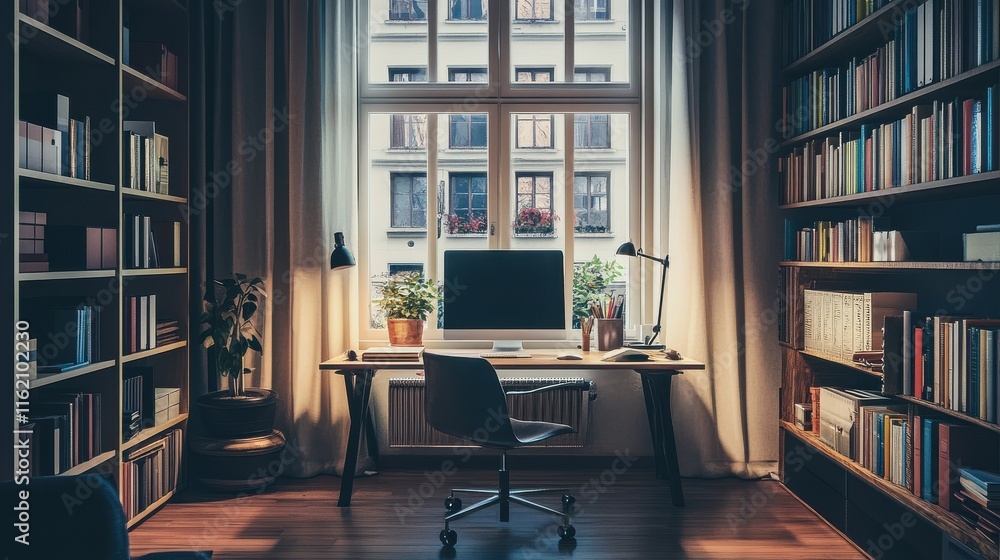 A home office with a simple desk, a minimalist chair, and built-in bookshelves. A home office with a simple desk, a minimalist chair, and built-in bookshelves.