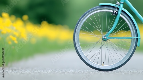 Sustainable cycling adventure dirt trail closeup of bicycle wheel natural environment ground level perspective emphasizing esg values