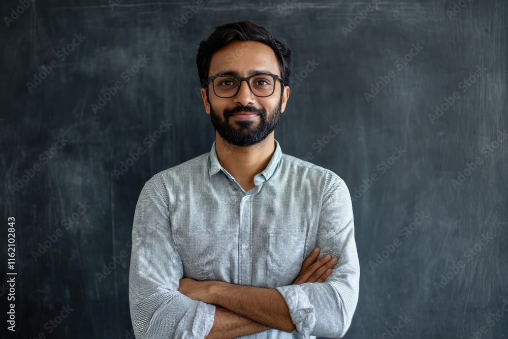 portrait of confident Indian teacher standing in front of the black board in class room portrait of confident Indian teacher standing in front of the black board in class room
