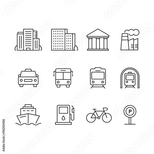 Industrial city transportation line illustration icon collection