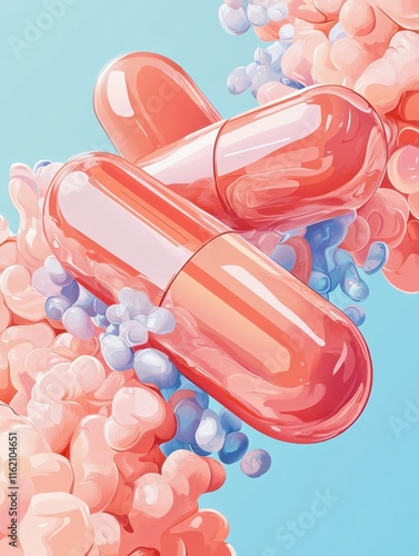 Pharmaceutical drug products manufactured from biological sources. Biopharmacology products, biological medical product, natural pharmacy concept. Pinkish coral bluevector vector isolated illustratio photo