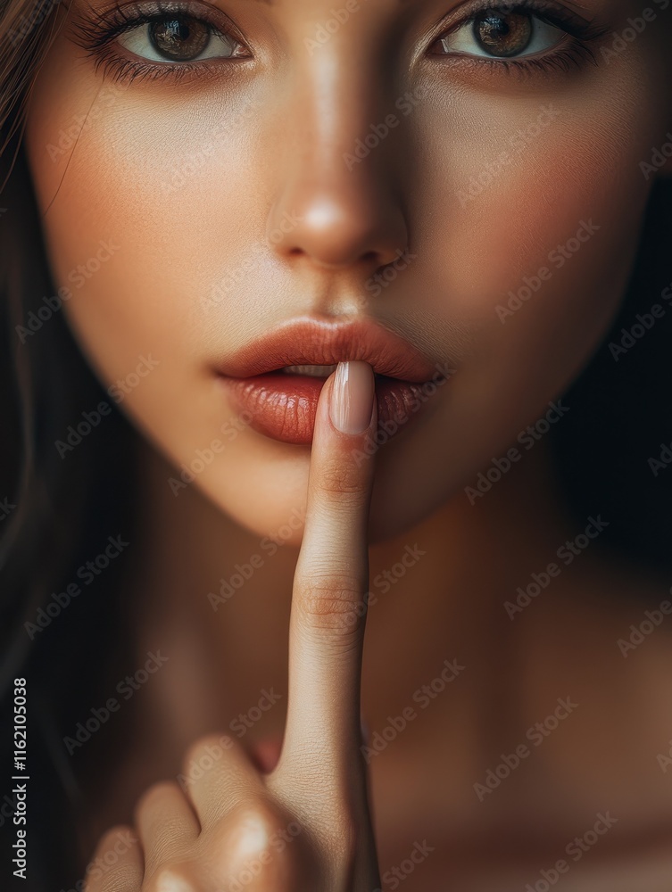 silence, gesture and beauty concept - close up of young woman holding finger on lips silence, gesture and beauty concept - close up of young woman holding finger on lips
