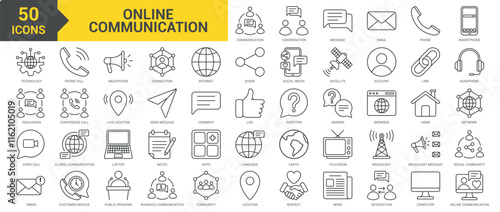 Online Communication icon collection set. Containing conversation, message, email, smartphone, technology, discussion, video call, inbox, phone call, connection, internet icon. Simple line vector