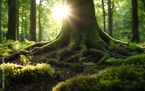 Tree roots covered with moss and tiny ferns, illuminated by soft sunlight, evoking a serene connection to nature s intricate beauty photo