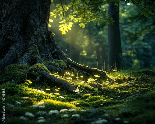 Tree roots draped in moss and tiny ferns, softly illuminated by sunlight, showcasing the intricate beauty and tranquility of nature photo