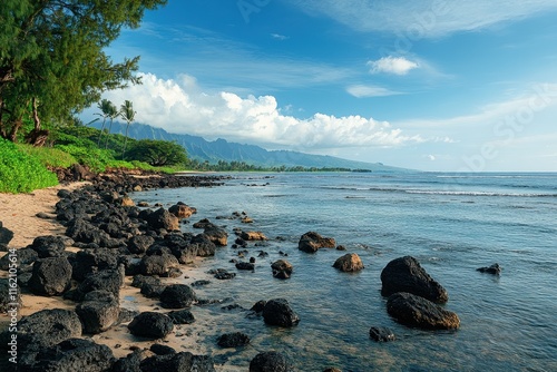 A tranquil coastal landscape features a rocky shore beside clear blue water, with lush greenery and mountains in the distance under a vibrant sky on a sunny day. photo