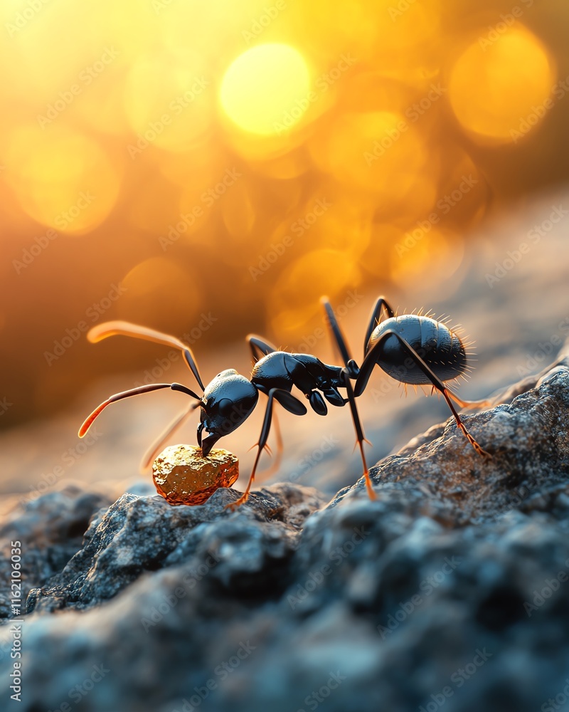 A black ant with a golden nugget on its back, crawling across a rocky surface, with a warm, golden blurred background, embodying strength and perseverance A black ant with a golden nugget on its back, crawling across a rocky surface, with a warm, golden blurred background, embodying strength and perseverance