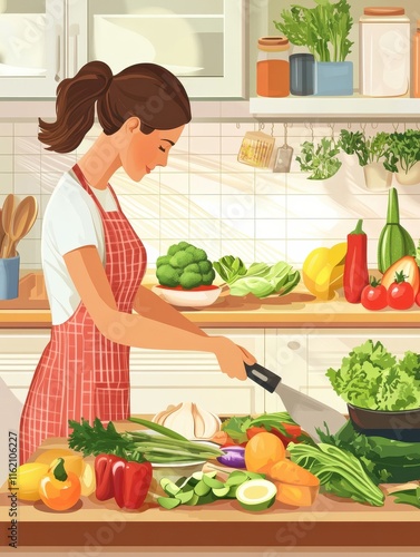 Vegan food concept. Flat groceries elements, fresh retail vegetarian product. Healthy fruit diet, woman cooking vegetables salad utter vector concept photo