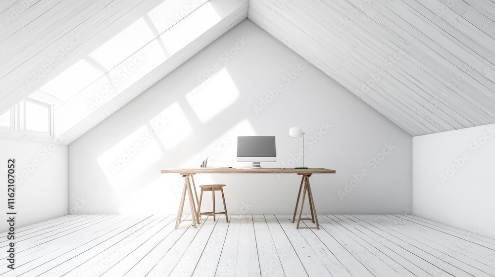 Fototapeta premium An attic conversion into a bright and airy home office space, featuring skylights and minimalist furniture.
