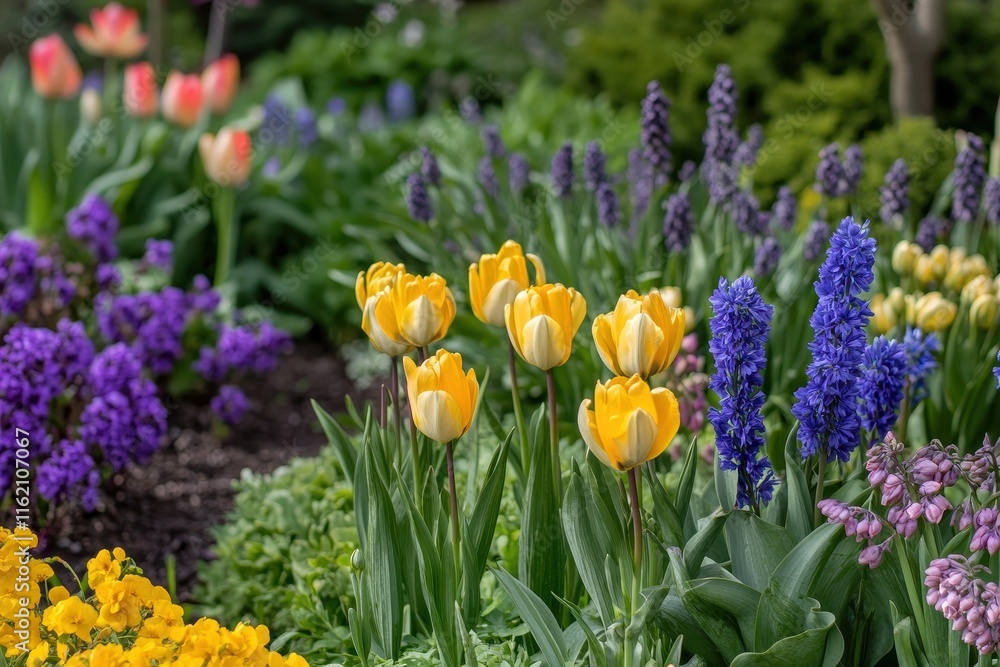 Obraz premium A beautiful spring garden showcases a variety of colorful flowers, including yellow tulips and purple hyacinths, surrounded by lush green foliage.