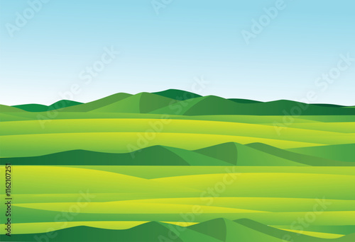 Spring vivid landscape with hills, grass and sky. Clouds and shadows.