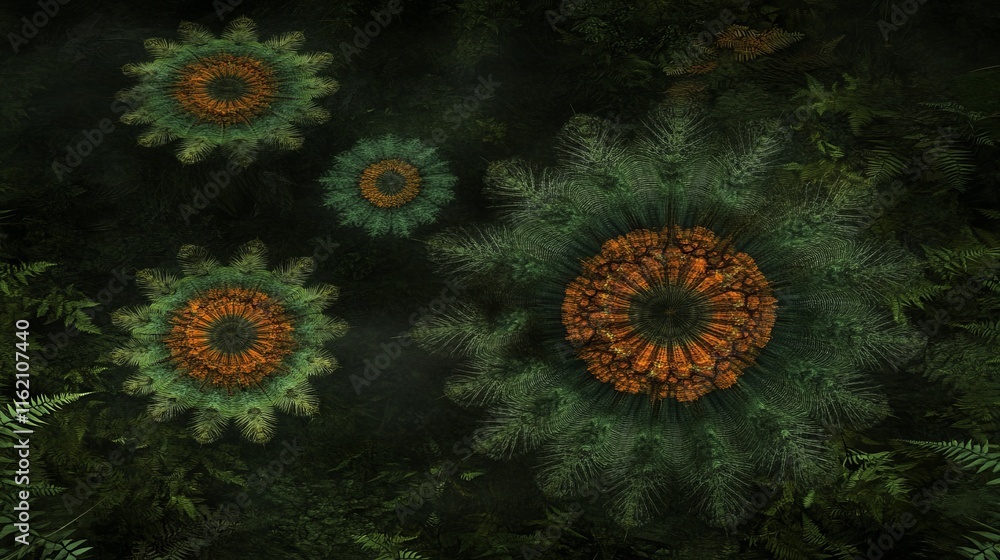Fractal Flowers in a Dark Green Forest Setting Fractal Flowers in a Dark Green Forest Setting