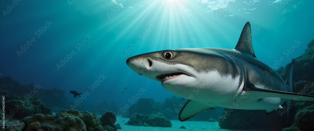 Fototapeta premium Blacktip shark gliding through serene underwater landscape at dawn, harmony
