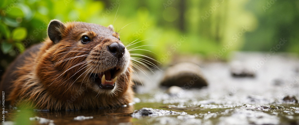 Beaver showing prominent teeth in flowing stream, a wildlife portrait Beaver showing prominent teeth in flowing stream, a wildlife portrait