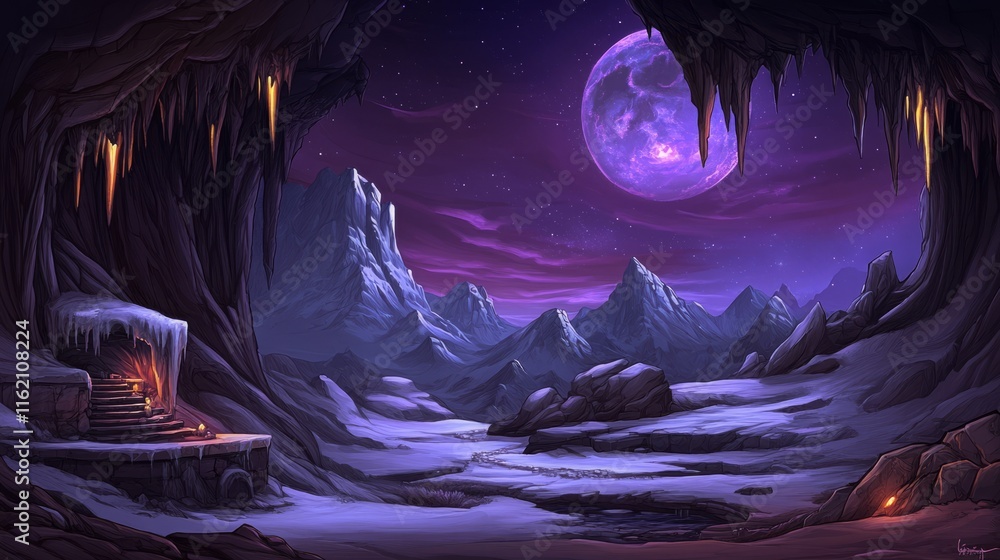 Fototapeta premium Frozen Peaks Lunar Night Cave Entrance Fantasy Art