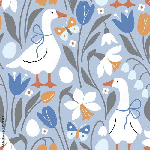 Seamless vector pattern with white goose on floral background. Hand drawn cute Easter goose pattern. Perfect for textile, wallpaper or nursery print design.