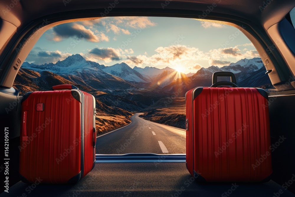 Red suitcase in car trunk with mountain landscape at sunset. Red suitcase in car trunk with mountain landscape at sunset.