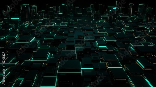 Futuristic Cityscape Neon Cubes and Dark Towers