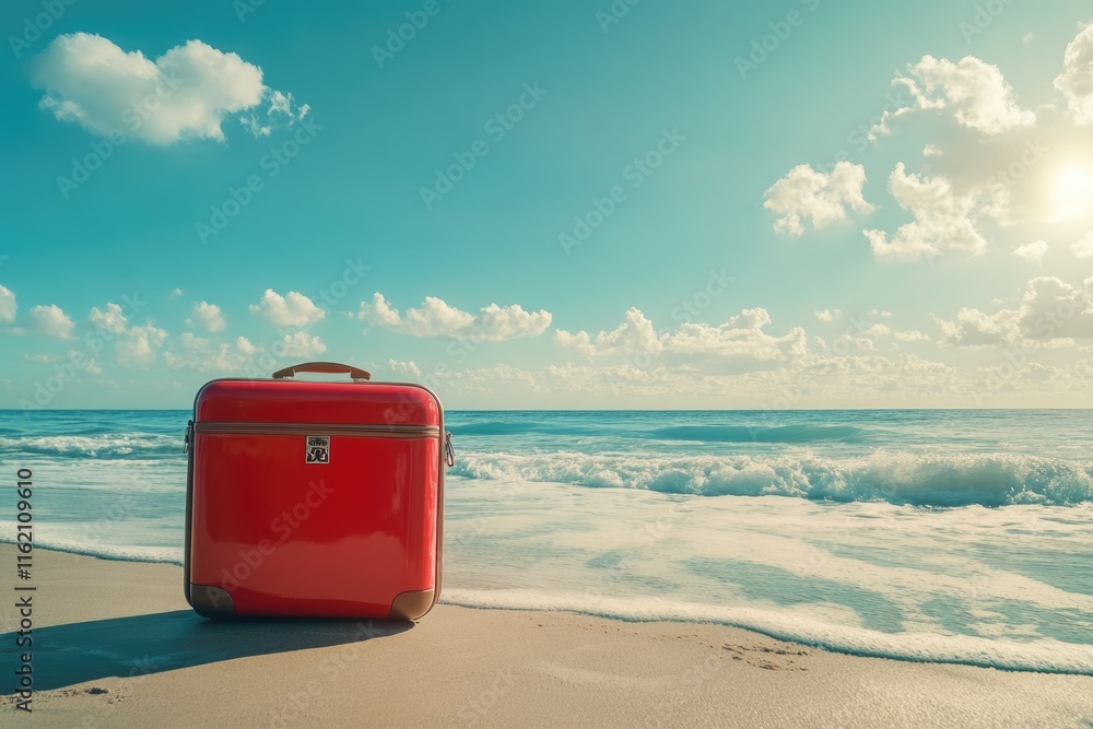 Summer beach scene with red suitcase and sunny sky. Summer beach scene with red suitcase and sunny sky.