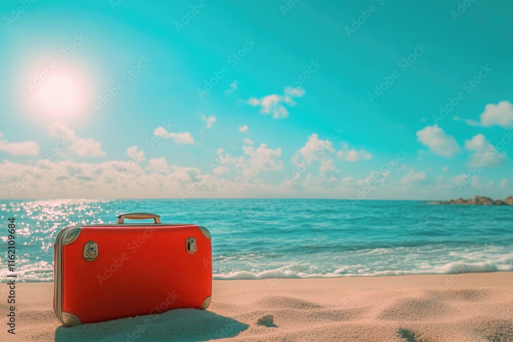 Summer beach scene with red suitcase and sunny sky. Summer beach scene with red suitcase and sunny sky.