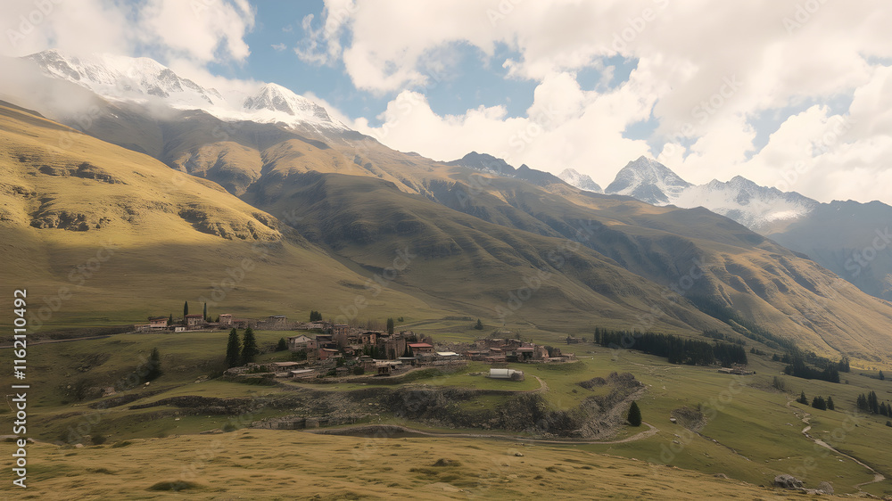 A remote mountain village in breathtaking scenery. A remote mountain village in breathtaking scenery.