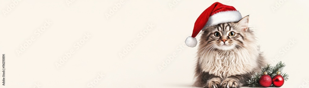 Whimsical Hand-Drawn Illustration of a Long-Haired Cat Wearing a Santa Hat Surrounded by Christmas Decor Whimsical Hand-Drawn Illustration of a Long-Haired Cat Wearing a Santa Hat Surrounded by Christmas Decor