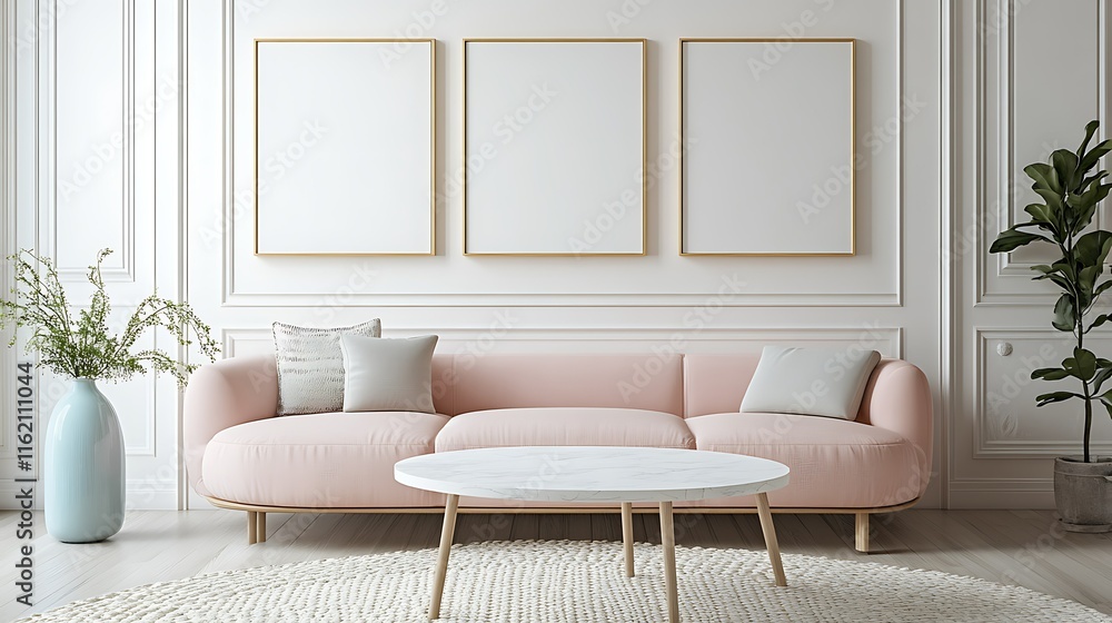 Fototapeta premium Pink sofa, white coffee table, and three gold-framed blank canvases in a minimalist living room.