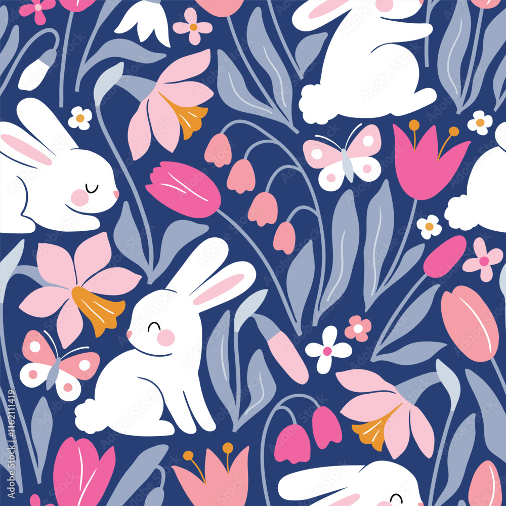 custom made wallpaper toronto digitalSeamless vector pattern with white rabbits on floral background. Hand drawn cute Easter bunny pattern. Perfect for textile, wallpaper or nursery print design.