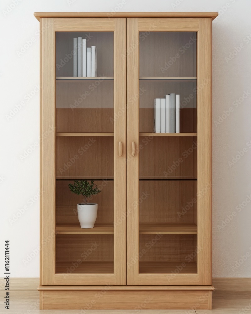 Fototapeta premium Stylish wooden cabinet with glass doors, featuring decorative books and a small plant.