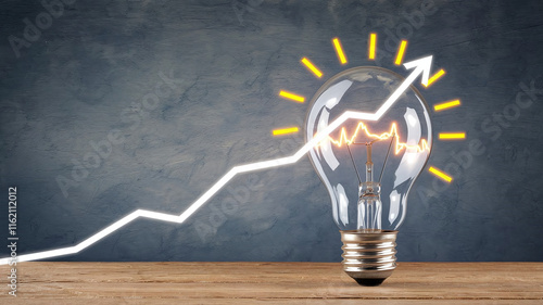 A glowing light bulb with a rising graph bar in the background, symbolizing increasing electricity costs, energy efficiency, or economic growth. 
