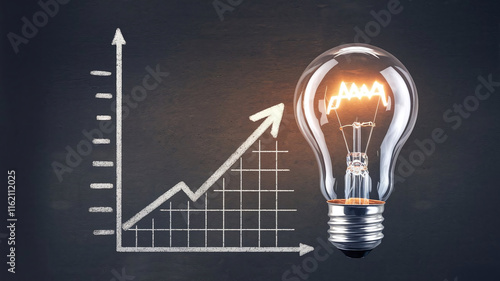 A glowing light bulb with a rising graph bar in the background, symbolizing increasing electricity costs, energy efficiency, or economic growth. 