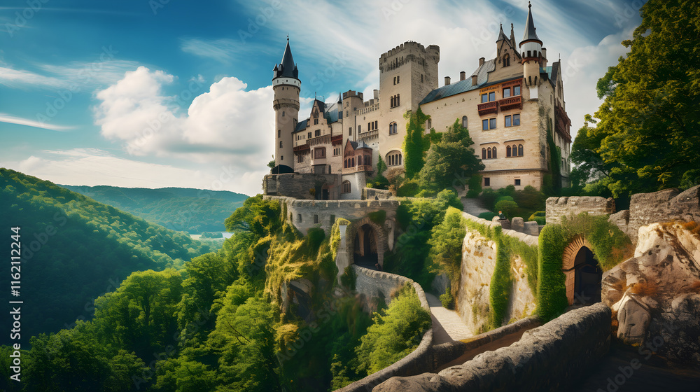 Iconic Display of Majestic Medieval European Castle Surrounded by Nature's Beauty Iconic Display of Majestic Medieval European Castle Surrounded by Nature's Beauty