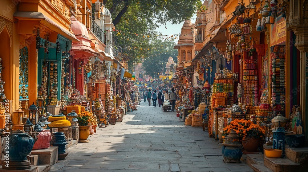 Naklejka premium Vibrant Market Street Scene in Jaipur, India