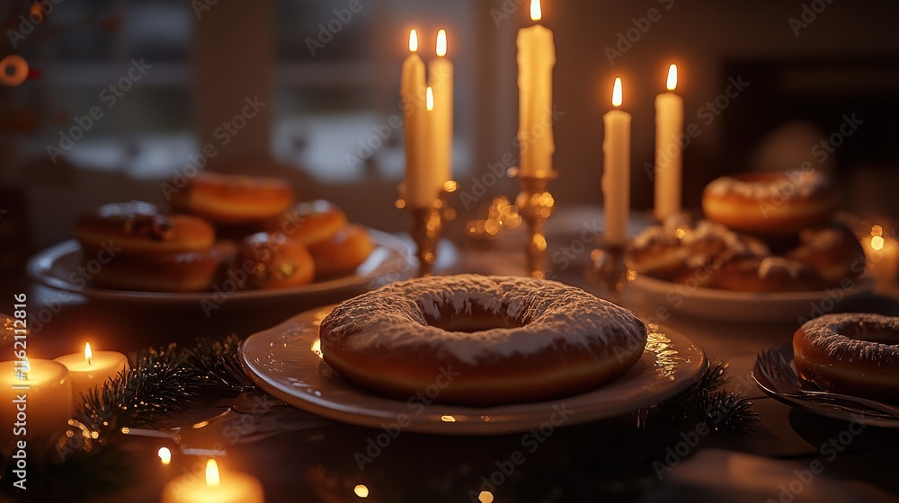 Simple Hanukkah meal featuring donuts and lit candles for a warm and festive atmosphere