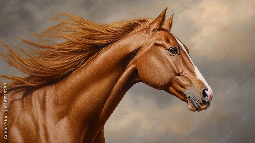 Fototapeta premium 曇り空を背景にした栗毛馬の肖像