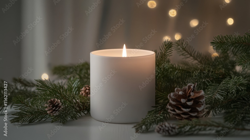 serene white candle glows softly, surrounded by pine branches and pine cone, creating warm and inviting atmosphere perfect for holiday season serene white candle glows softly, surrounded by pine branches and pine cone, creating warm and inviting atmosphere perfect for holiday season