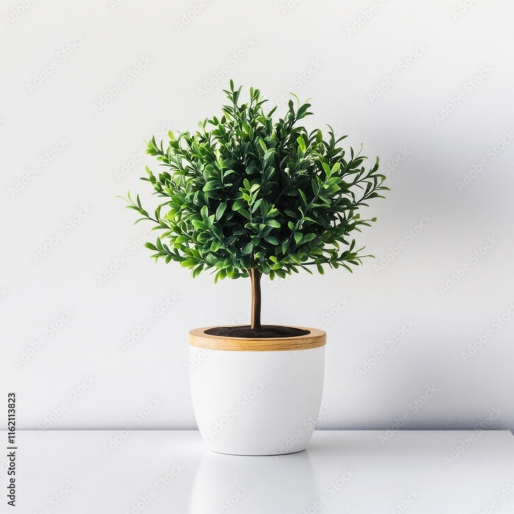Fototapeta premium A lush green artificial plant in a sleek white pot, perfect for home decor or office styling.