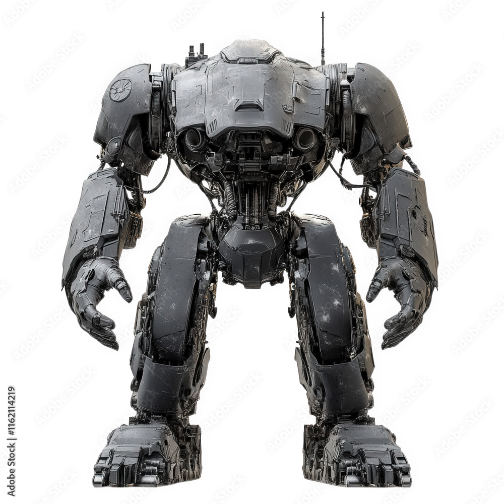 a robotic creature with a black metallic body. two arms with hands. legs. and a head with a sensor it has multiple panels. details. and screws a robotic creature with a black metallic body. two arms with hands. legs. and a head with a sensor it has multiple panels. details. and screws