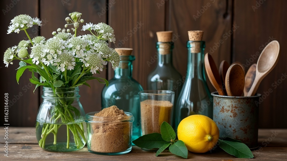 Rustic Kitchen Setup with Glass Bottles, Fresh Lemons, and Sugar on Wooden Table Photography for Culinary and Home Cooking Themes PC, LAPTOP WALLPAPER Rustic Kitchen Setup with Glass Bottles, Fresh Lemons, and Sugar on Wooden Table Photography for Culinary and Home Cooking Themes PC, LAPTOP WALLPAPER