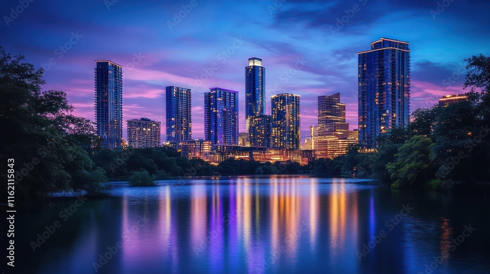 Obraz premium Modern City Skyline with Reflections on Water at Twilight