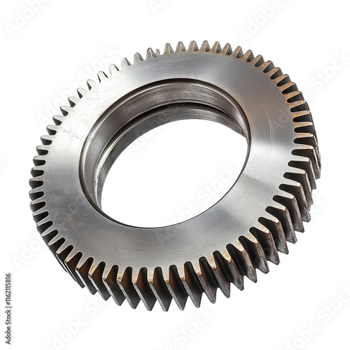 a close-up of a metal gear with teeth on the outer edge. isolated on a transparent background photo