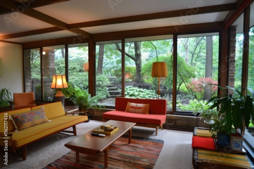Mid-Century Modern Living Room with Expansive Garden Views  A Serene and Stylish Interior Design