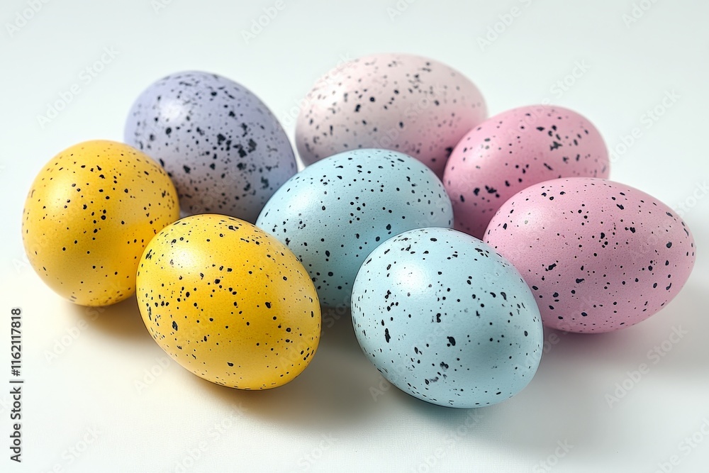 Colorful speckled eggs arranged creatively on a light surface for a festive display during spring celebrations Colorful speckled eggs arranged creatively on a light surface for a festive display during spring celebrations