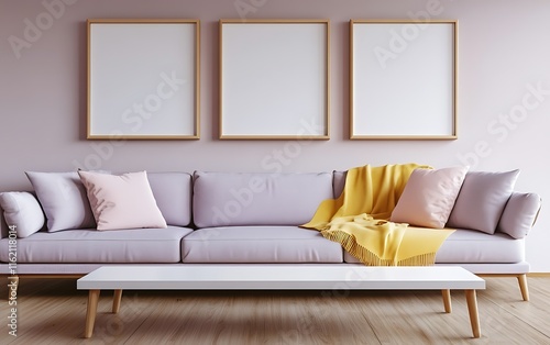 Lavender sofa with yellow throw  three blank frames on a mauve wall  and a white coffee table in a minimalist living room.