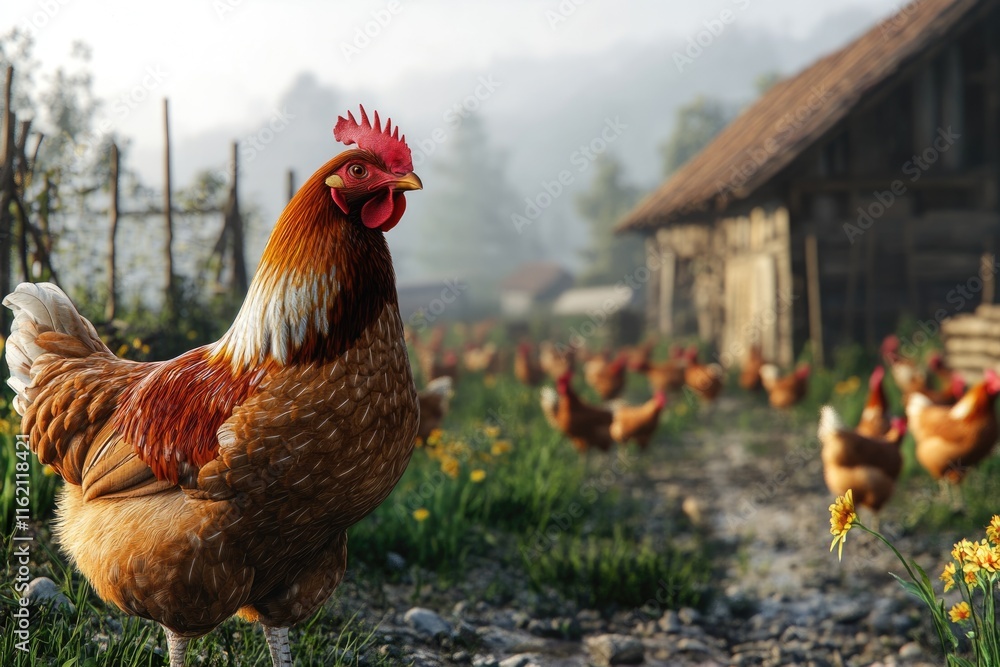 Fototapeta premium Free range keeping of rosters and hens outdoor on the bio farm
