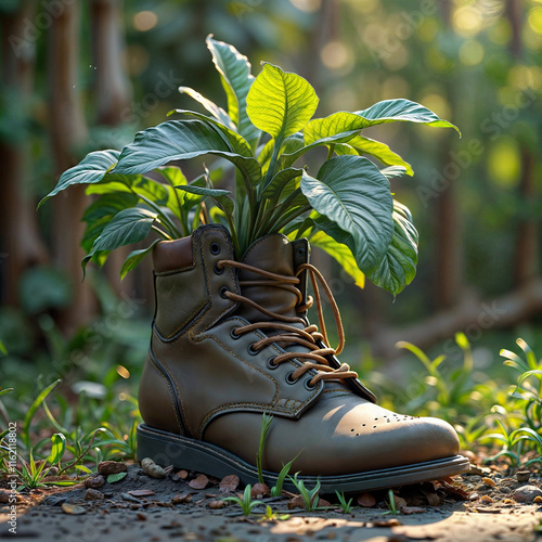 A plant growing in a discarded boot