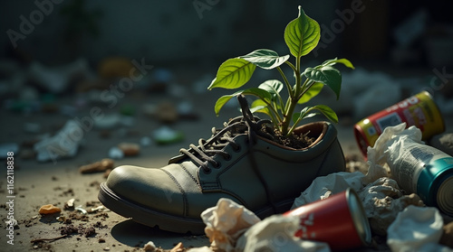 A plant growing in a discarded boot