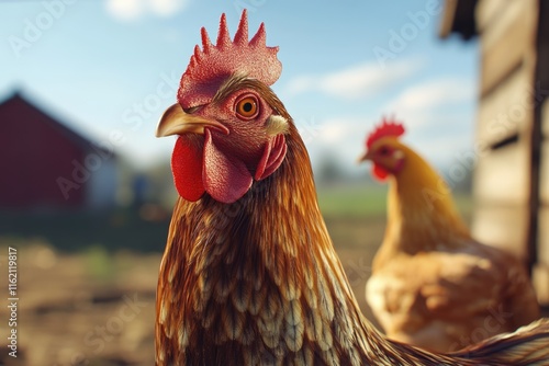 Rooster and hen on the farm. Selective focus photo