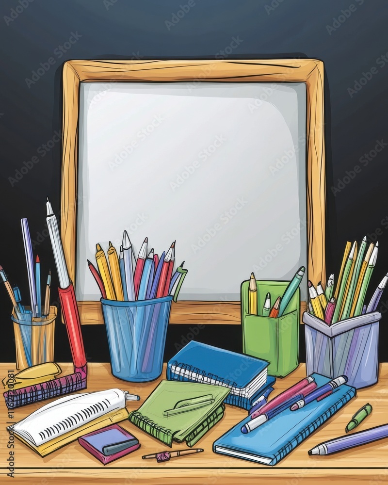 Fototapeta premium Colorful stationery and notebooks arranged on a wooden table with a blank frame for creativity.