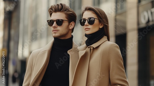 Stylish caucasian white young couple in beige coat, sunglasses, black cashmere badlon and wool sweater walk together on a city street. Concept of quiet luxury, minimal look aesthetic, elegance photo